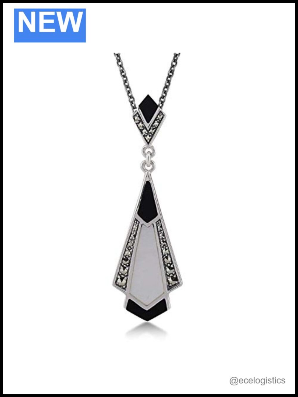 Sterling silver mother of pearl onyx marcasite origami pendant necklace